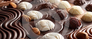 An assortment of luxurious chocolates with various fillings and toppings, featuring dark, milk, and white varieties