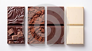 Assortment of luxury chocolates in various flavors arranged on a white backdrop. Top view. Concept of confectionery