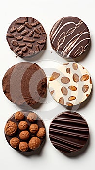 Assortment of luxury chocolates in various flavors arranged on white background. Top view. Concept of confectionery