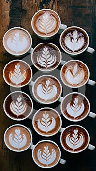assortment of macchiato cups displayed in top view foodgraphy