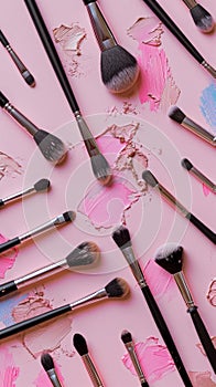 Assortment of makeup brushes with smears of cosmetics