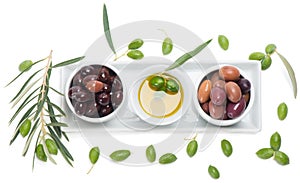 Assortment of marinated olives and olive oil from above
