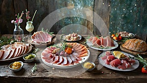 Delicious Meat And Cheese Platter With Fresh Ingredients photo