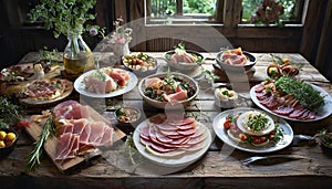 Delicious Meat And Cheese Platter With Fresh Ingredients photo