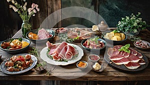 Delicious Meat And Cheese Platter With Fresh Ingredients photo