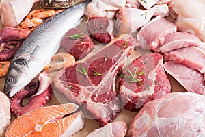 Assortment of meat and seafood