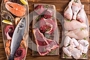 Assortment of meat and seafood