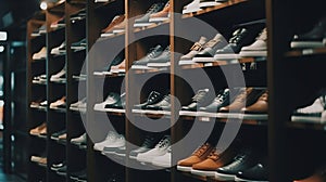 Assortment of men\'s running shoes in a shop window. Al generated