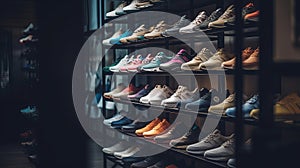 Assortment of men\'s running shoes in a shop window. Al generated