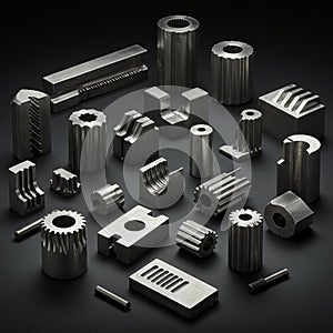 An assortment of metallic machine components is displayed against a dark