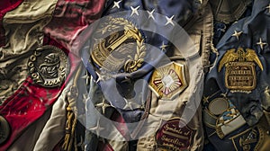 Assortment Of Military Medals And Insignia Displayed On A Crumpled American Flag Background