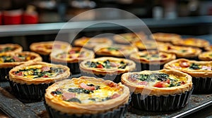 Assortment of mini quiches on a baking tray
