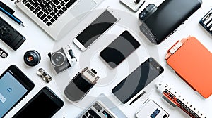 Assortment of modern electronic devices and accessories on white surface