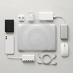 Assortment of modern electronic devices arranged on a light wooden surface