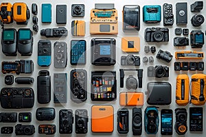 Assortment of modern electronic devices arranged on white surface
