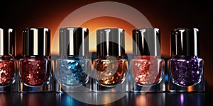 assortment of nail polishes, different colors, flowers glitters. Generative AI