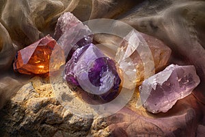 Assortment of natural rough gemstones against a soft fabric backdrop, highlighting geological beauty