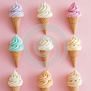 Assortment of nine pastel colour soft serve ice cream cones on pink backdrop, a pastel palette evokes sweetness and joy