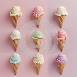 Assortment of nine soft serve ice cream cones on pink backdrop, a pastel palette evokes sweetness and joy