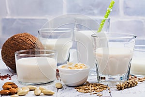 Assortment of non dairy vegan milk and ingredients