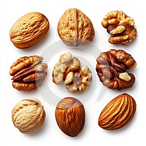 Assortment of Nuts Almonds, Walnuts, and Pecans on White Background