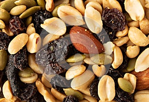 Assortment of nuts and dried fruit close view