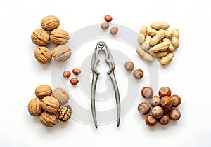 Assortment of Nuts and a Nutcracker on a White Background