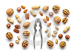 Assortment of Nuts and Nutcracker on a White Background