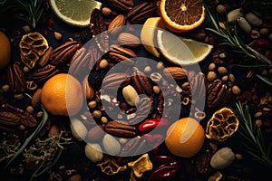 an assortment of nuts and oranges on a black background