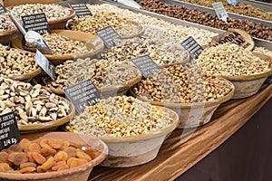Assortment of nuts in a street market in Spain