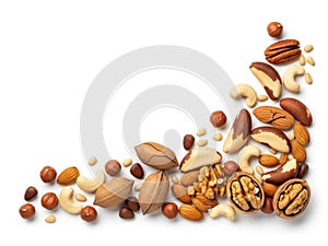 Assortment of Nuts on White Background Almonds, Walnuts, Cashews, Pecans, Hazelnuts