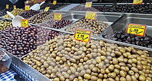 Assortment of olives on market