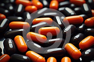 A assortment of orange and black pills arranged in a pile, symbolizing various medications for healthcare and treatment., Pile of
