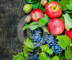 Assortment organic fruits berries apple grape damascene walnut dark wooden country background health care natural