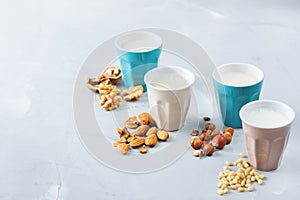 Assortment of organic vegan non diary milk from nuts