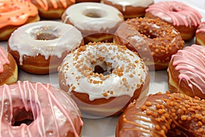 An assortment of pink-frosted donuts, some with colorful sprinkles and others with a light dusting of sugar, arranged on photo