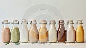 Assortment of Plant-Based Milk Alternatives in Glass Bottles