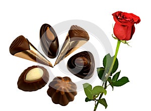 Assortment of pralines with a beautiful red rose