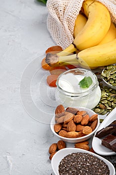 Assortment of products containing magnesium. Healthy diet food