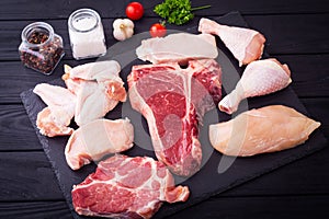 Assortment of raw meat chicken , beef and pork