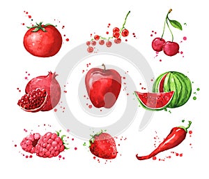 Assortment of red foods, watercolor fruit and vegtables