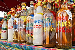 Assortment of rhum bottles at the market