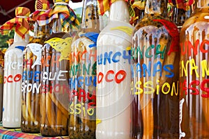 Assortment of rhum bottles at the market