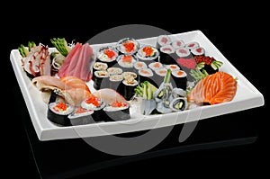 Assortment of rolls, sushi and sashimi