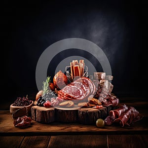Assortment of sausages, ham, salami, bacon, cheese, and grapes on wooden board