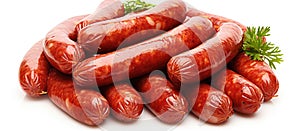 Assortment of sausages with parsley on white background photo