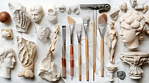 An assortment of sculpting tools and classical sculpture fragments on a light background