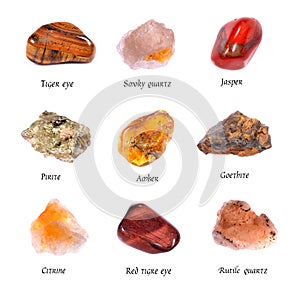 Assortment of semi-precious minerals with inscriptions on an isolated white