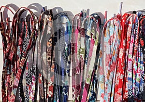 Assortment of  shoelaces made with Chirimen cloth, japanese traditional kimono fabric.