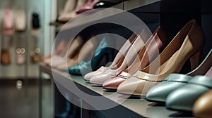 Assortment of shoes on a shop window. Al generated